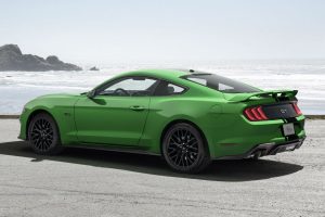 side view of a Need for Green exterior colored 2019 Ford Mustang GT parked on a beach