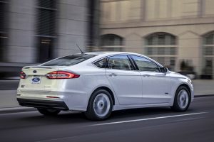 side view of a white 2019 Ford Fusion