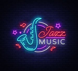 neon sign advertising jazz music with a saxophone