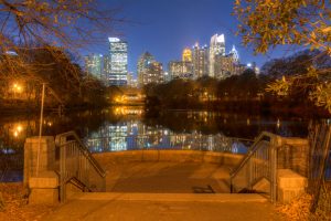 night time view of Atlanta skyline from Piedmont Park