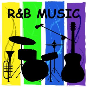 R&B Music and shadowed silhouettes of instruments against a colorful background