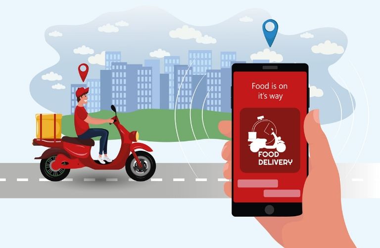 "Food is on it's way, Food Delivery" on phone app with delivery man on scooter