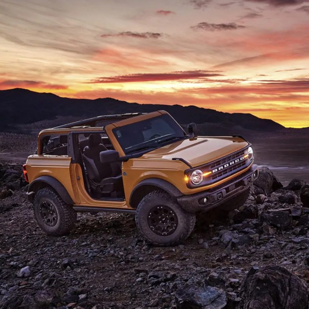 2021 Ford Bronco two-door in field with doors and top removed