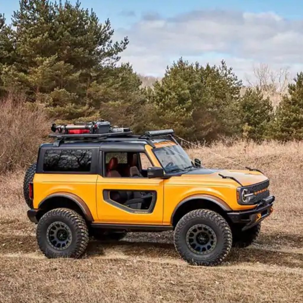 2021 Ford Bronco two-door in field viewed from side