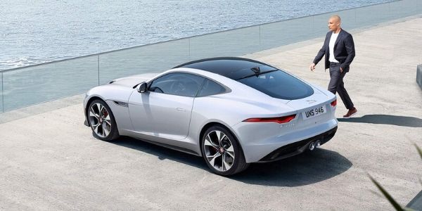 Overhead Rear Exterior of White 2021 Jaguar F-TYPE at the Pier