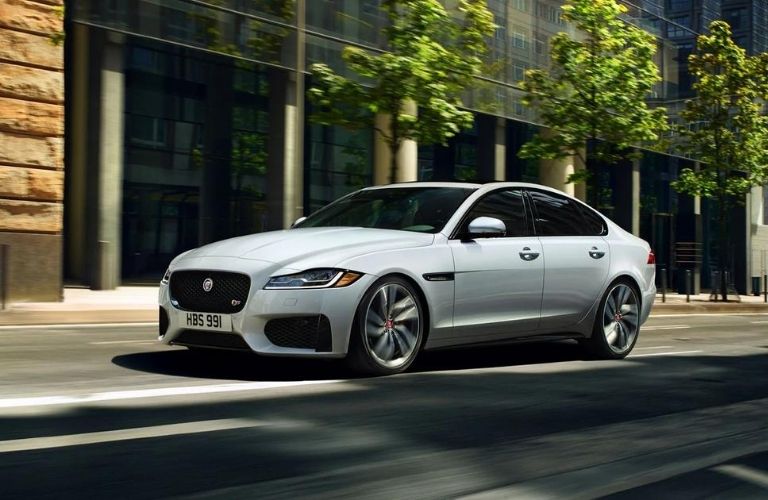 Exterior view of a white 2020 Jaguar XF