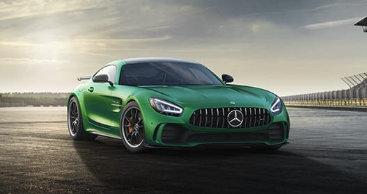 Exterior view of a green 2020 Mercedes-Benz AMG GT Coupe