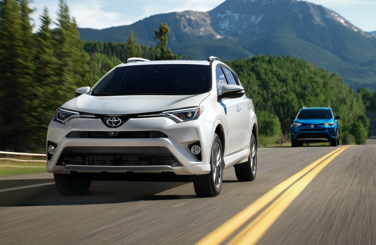 White and blue Toyota RAV4 models driving on mountainous road with trees past guard rail