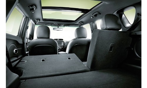 2019 Kia Soul interior from trunk with seat folded down black upholstery