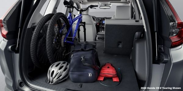 2020 Honda CR-V Cargo Space with Bike and White 2020 Honda CR-V Touring Shown Text in Lower Right