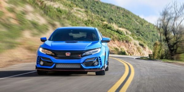 Blue 2020 Honda Civic Type R Front Exterior on Mountain Road