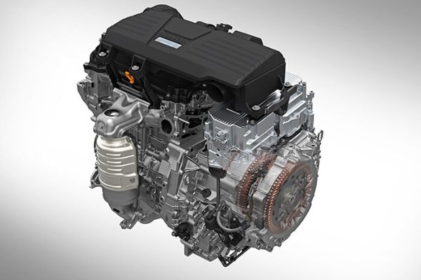 2020 Honda CR-V Hybrid Engine on a Gray Background