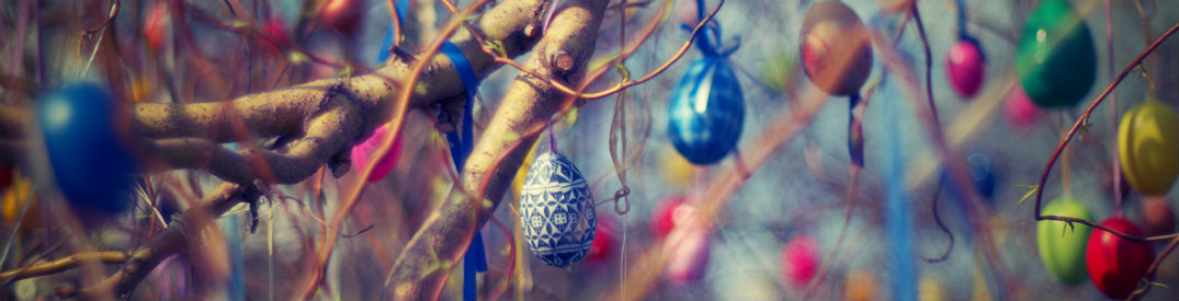 Easter Eggs hanging from tree branches