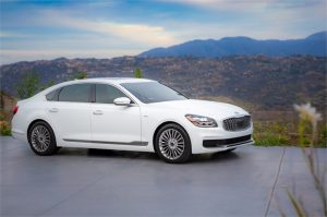 2019 Kia K900 passenger side profile view with mountains in the background