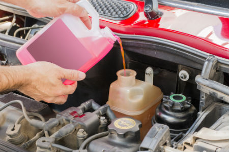 person adding more engine coolant to a car