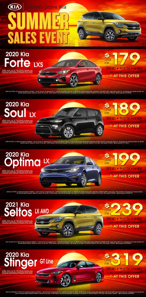 A weekly ad special on Garden grove Kia's Summer Sales Event, which includes various 2020 Kia models.