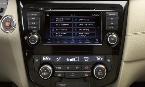 2020 Nissan Rogue close up of infotainment and environmental controls