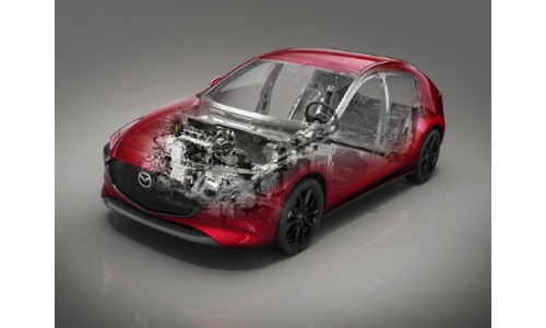 2019 Mazda3 redesign exterior shot with translucent frame to show interior technology components