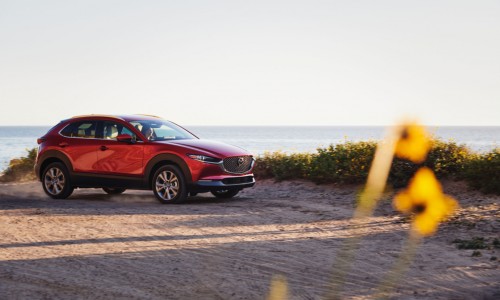 2021 Mazda CX-30 red parked by lake with flowers in foreground