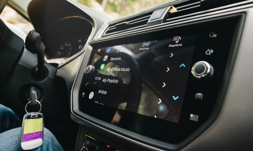 view of clean car touchscreen with music menu open