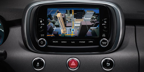 Isolated shot of touchscreen interface inside 2017 Fiat 500x with navigation shown