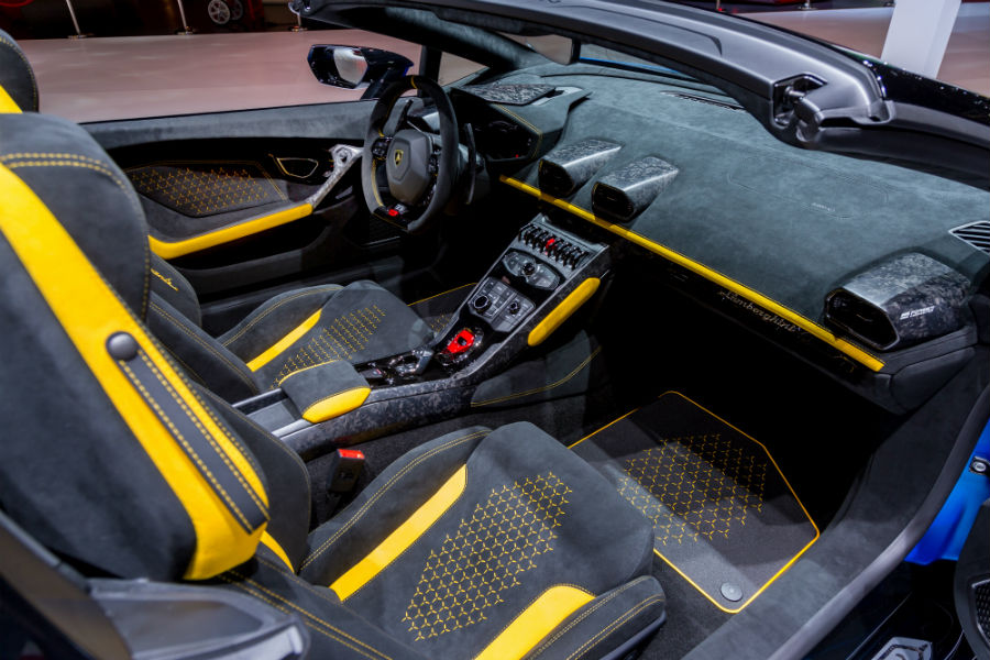 Blue 2019 Lamborghini Huracan Performante Spyder Interior Cabin Front