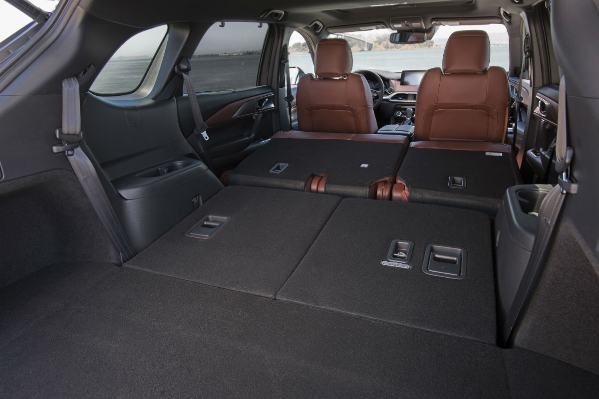 Rear seats folded flat for carrying cargo in the 2019 Mazda CX-9