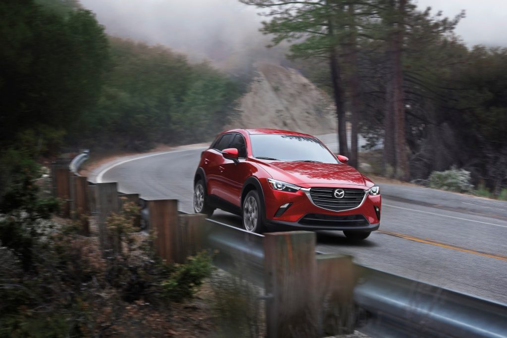 front view of a red 2021 Mazda CX-3