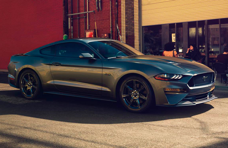 Profile view of gray 2018 Ford Mustang