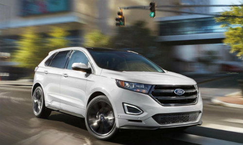 Stylized image of white 2018 Ford Edge driving on tree-lined street