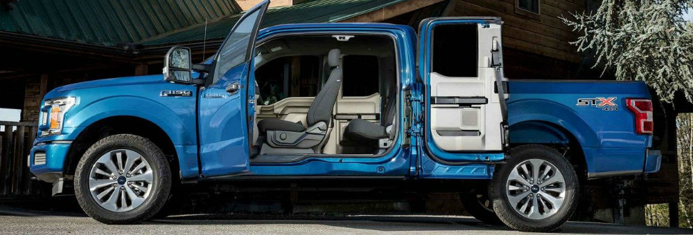 Blue 2018 Ford F-150 Super Cab with two rows of doors open